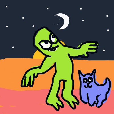 A green alien with a cat standing in front of a moon.