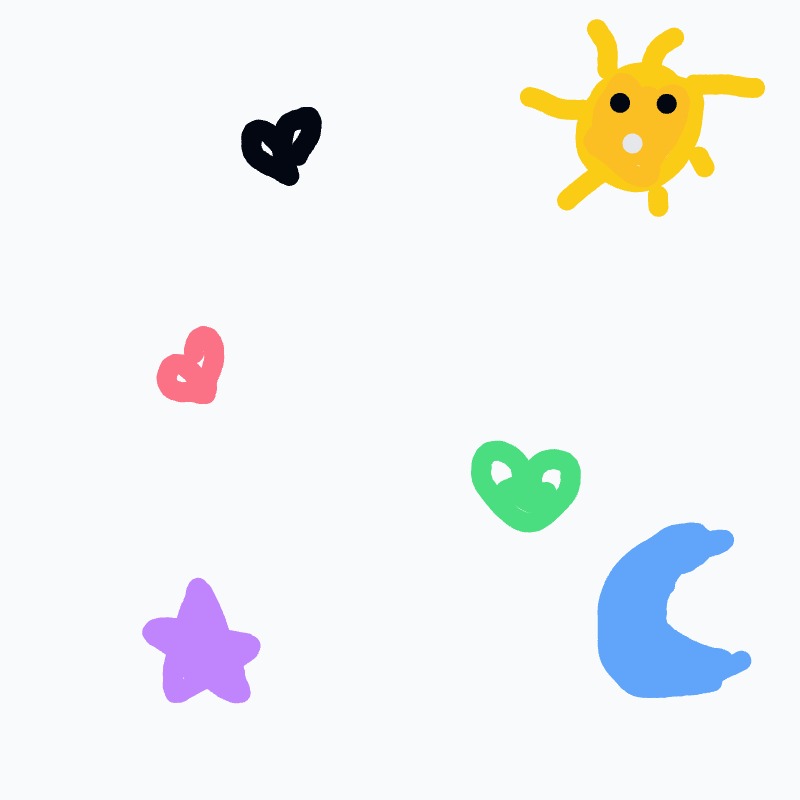 A drawing of a sun, moon, and stars, with hearts and a heart-shaped star.